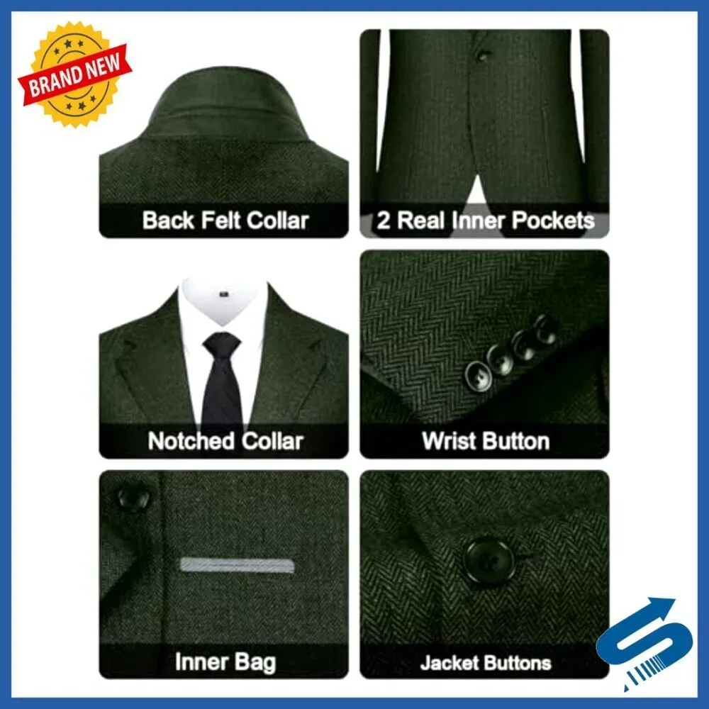 Men's Slim Fit Tweed Blazer Herringbone Sport Coat Wedding Business Casual